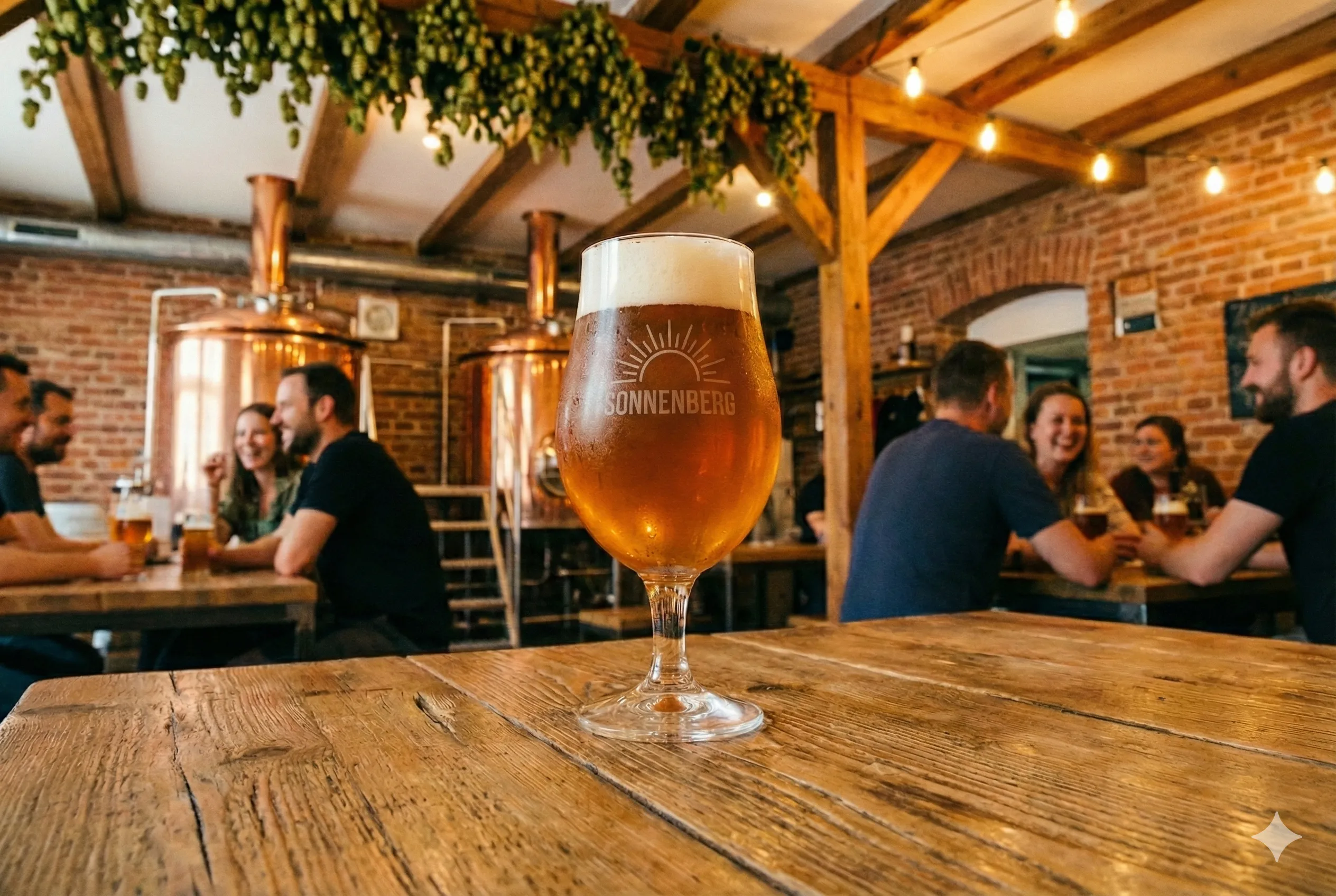 Sklenice řemeslného piva v příjemném pivovarském prostředí